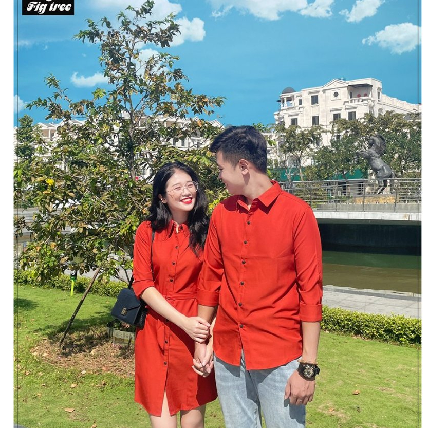 Set Sơ Mi Váy Đôi Fig Tree Màu Cam Gạch Siêu Sang Chảnh Cho Couple