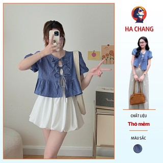 Áo babydoll kẻ thô mềm dáng ngắn cổ tròn buộc nơ HaChang - A50