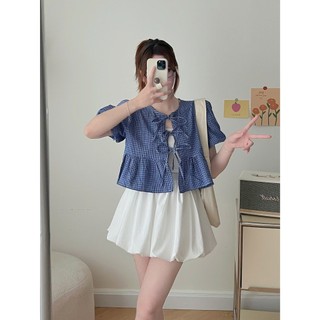 Áo babydoll kẻ thô mềm dáng ngắn cổ tròn buộc nơ HaChang - A50