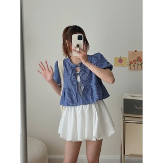 Áo babydoll kẻ thô mềm dáng ngắn cổ tròn buộc nơ HaChang - A50
