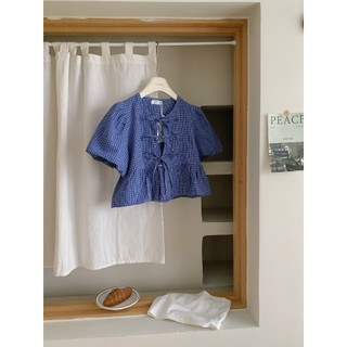 Áo babydoll kẻ thô mềm dáng ngắn cổ tròn buộc nơ HaChang - A50