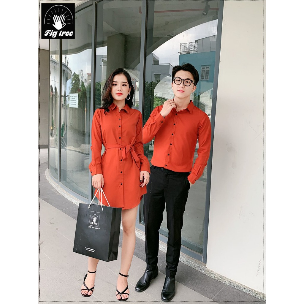 Set Sơ Mi Váy Đôi Fig Tree Màu Cam Gạch Siêu Sang Chảnh Cho Couple