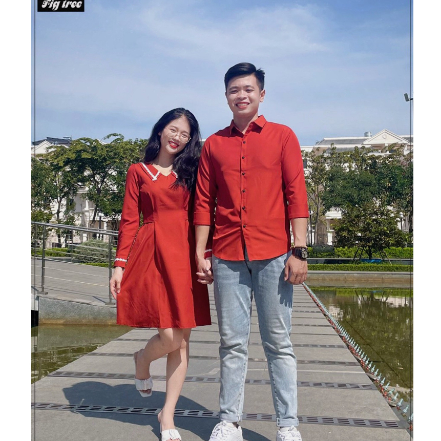 Set Sơ Mi Váy Đôi Fig Tree Màu Cam Gạch New, Thiết Kế Mới  Sơ Mi Nam, Váy Cổ Ren Trendy