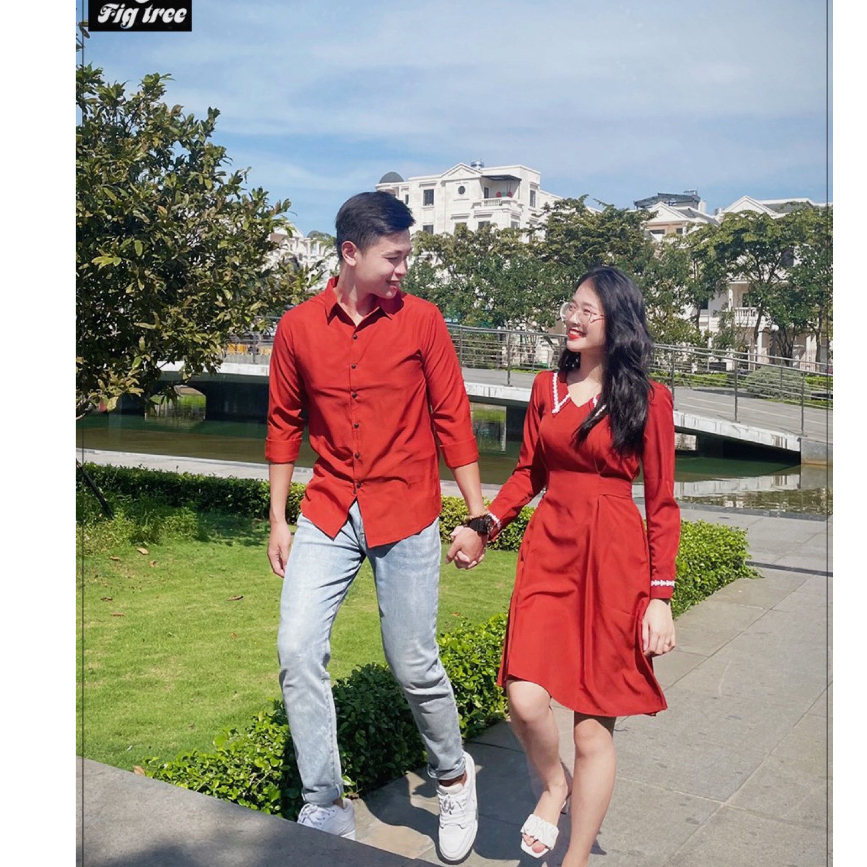 Set Sơ Mi Váy Đôi Fig Tree Màu Cam Gạch New, Thiết Kế Mới  Sơ Mi Nam, Váy Cổ Ren Trendy