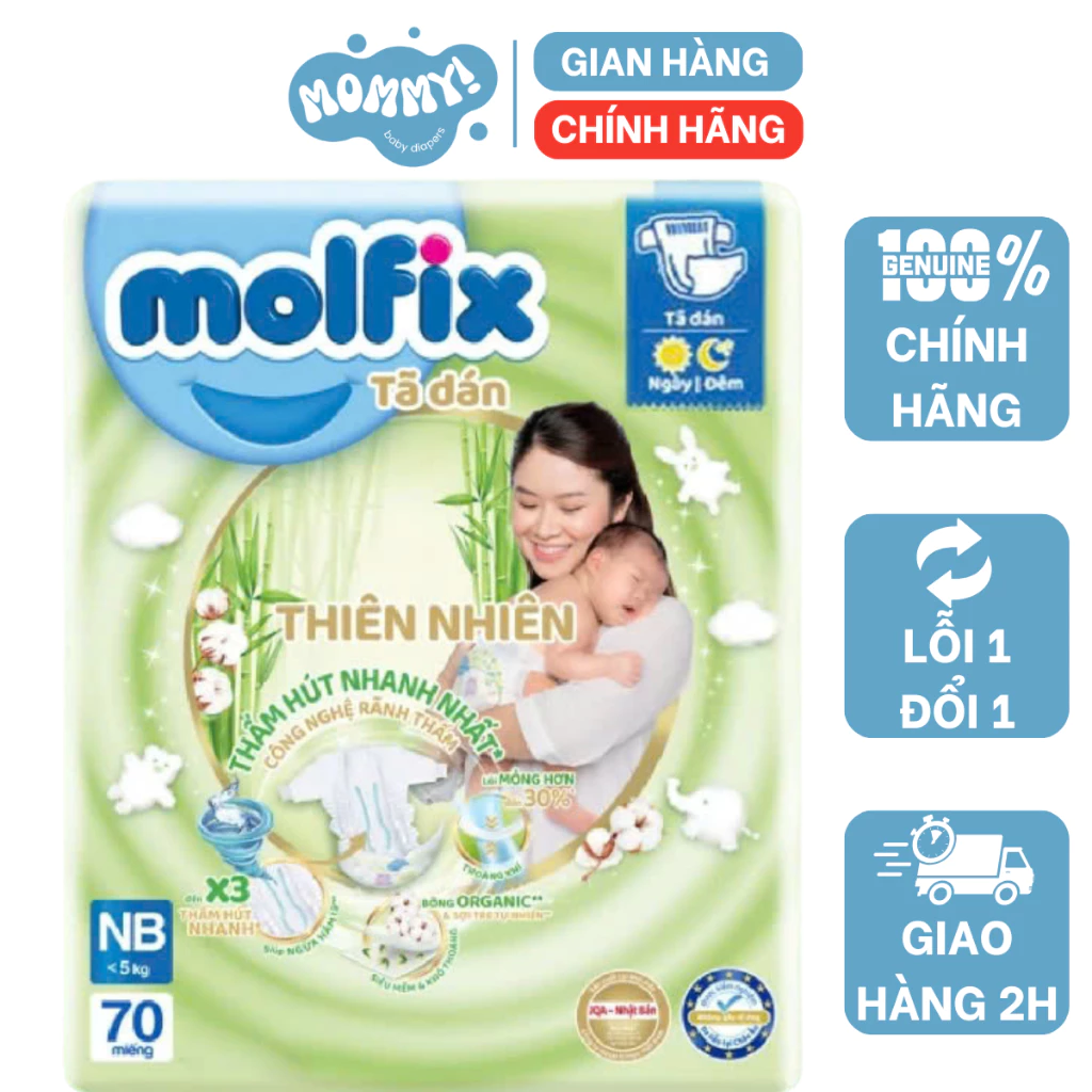Miếng lót, Bỉm molfix Dán Thiên nhiên NB70/NB1-100/NB2-66- Lớp bề mặt với sợi tre tự nhiên và bông hữu cơ