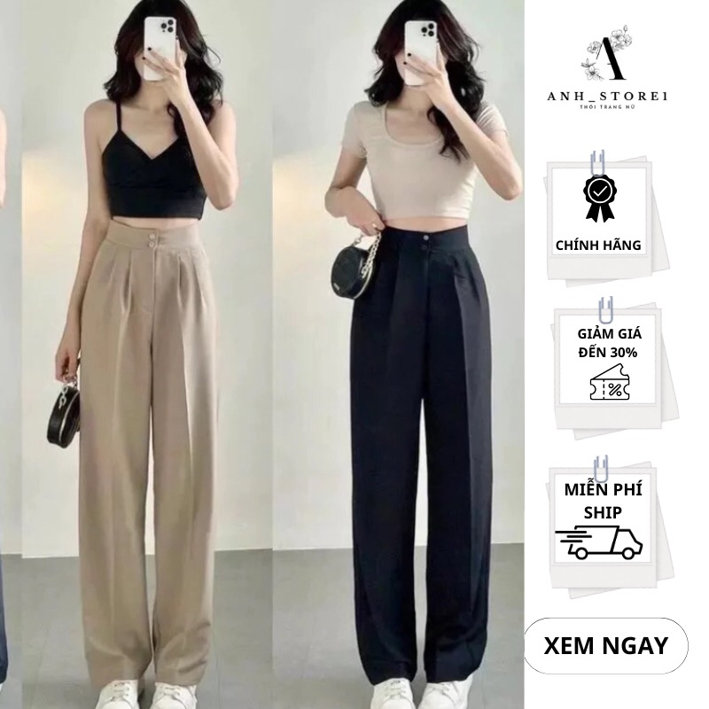 Quần Ống Suông Ống rộng Nữ 2 Khuy Lưng Cao Cạp To
