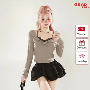 Áo thun nữ dài tay GRADPOPU PTD61 cổ yếm giả 2 mảnh gợi cảm sang trọng, áo kiểu nữ chất thun 4 chiều co giãn mềm mịn