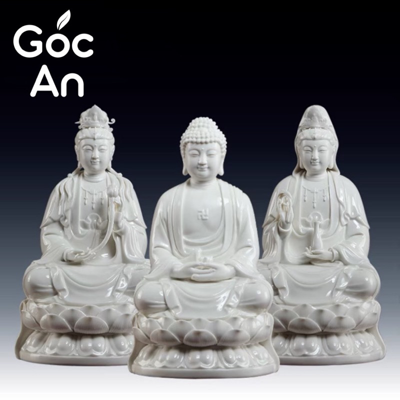 Bộ Tượng Tam Thánh Gốm Sứ Men Trắng Cao Cấp, Tượng Quan Thế Âm Bồ Tát, Tượng Phật A Di Đà, Tượng Đại Thế Chí