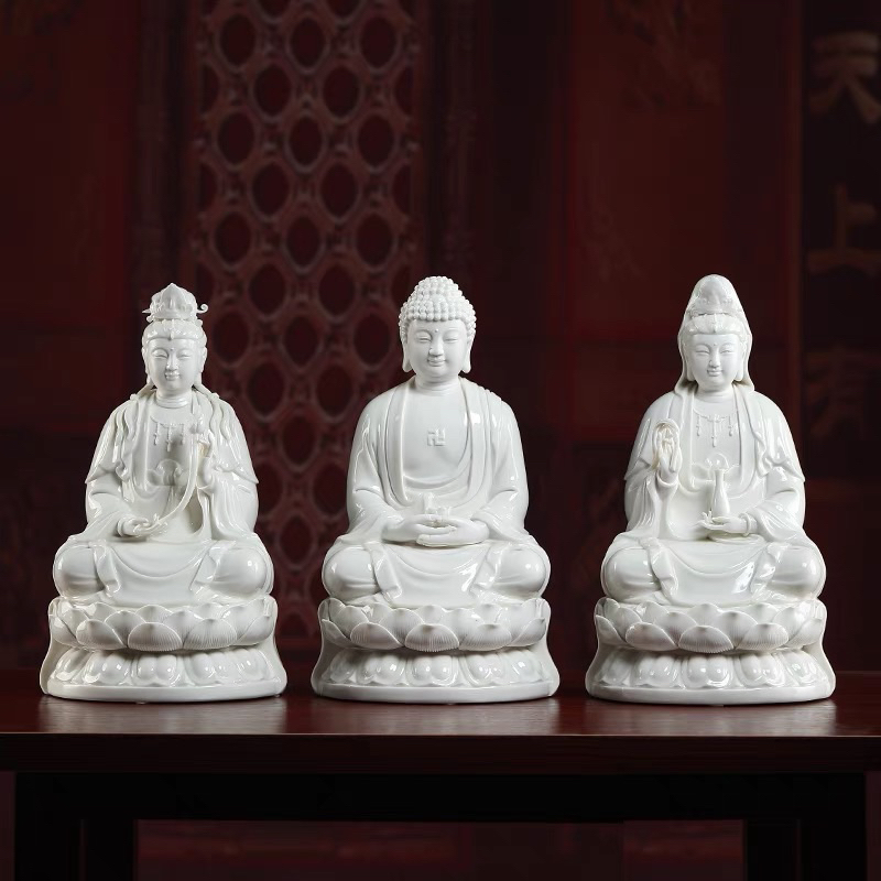 Bộ Tượng Tam Thánh Gốm Sứ Men Trắng Cao Cấp, Tượng Quan Thế Âm Bồ Tát, Tượng Phật A Di Đà, Tượng Đại Thế Chí