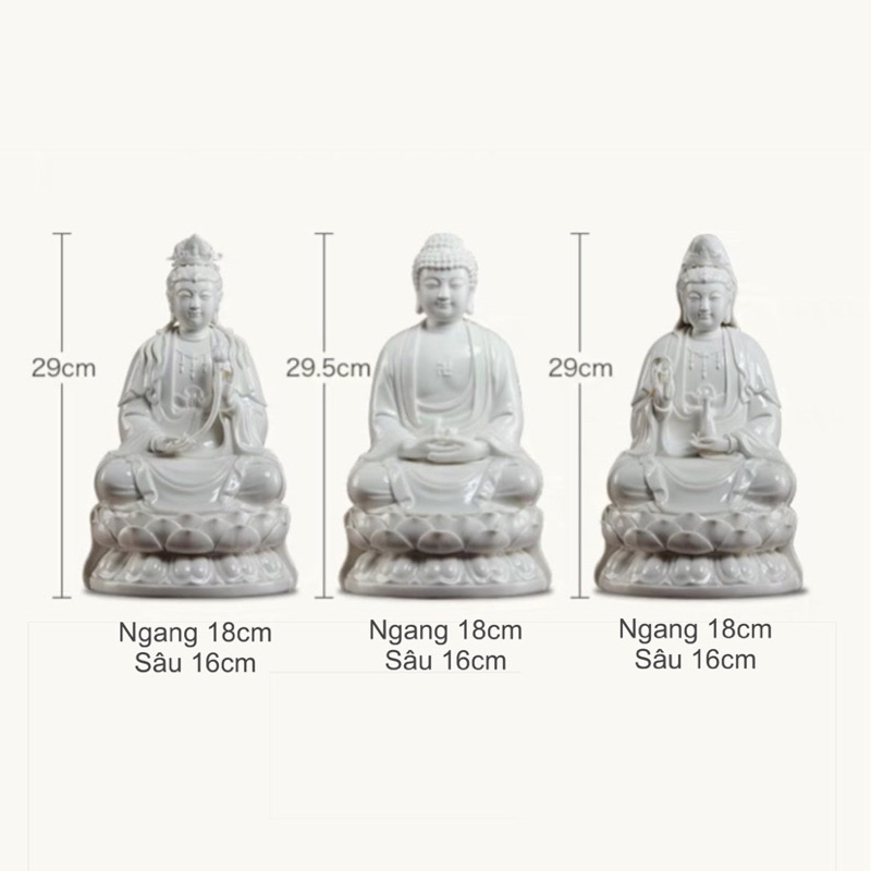 Bộ Tượng Tam Thánh Gốm Sứ Men Trắng Cao Cấp, Tượng Quan Thế Âm Bồ Tát, Tượng Phật A Di Đà, Tượng Đại Thế Chí