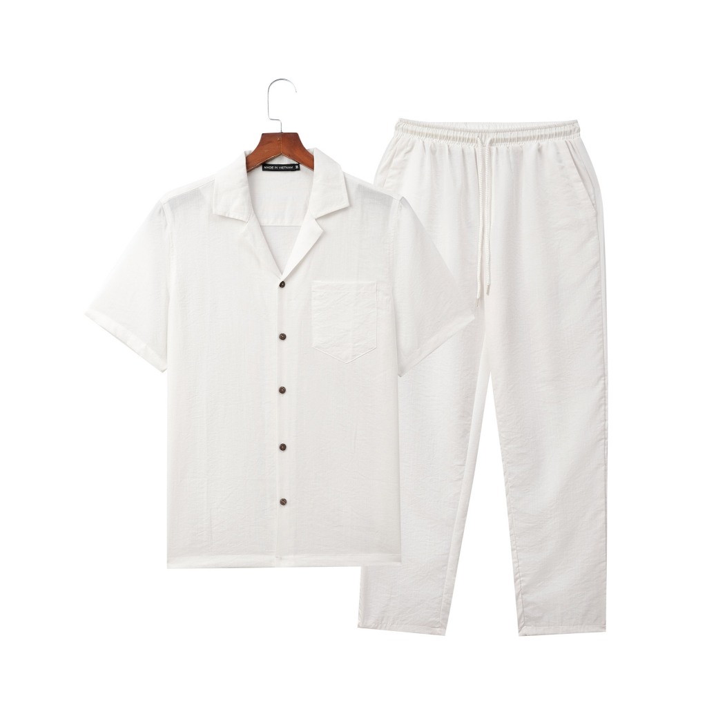 [SIZE 45-112KG] Bộ Đũi Nam Áo Cổ Vest Tay Ngắn Quần Dài Đũi Mát Nhẹ Thấm Hút Mồ Hôi Nhanh