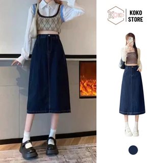 Chân váy midi jean dài nữ lưng cao dáng A nhẹ cạp khóa xẻ sau trẻ trung năng động KoKo Store CVD 72