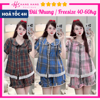 Đồ ngủ nữ 40-60kg, pijama đùi ngắn tay bo cổ sen đũi nhung dày dặn 60CC06, đồ bộ nữ đồ mặc nhà tiểu thư caro dễ thương