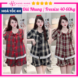 Đồ ngủ nữ 40-60kg, pijama đùi ngắn tay bo cổ sen đũi nhung dày dặn 60CC06, đồ bộ nữ đồ mặc nhà tiểu thư caro dễ thương