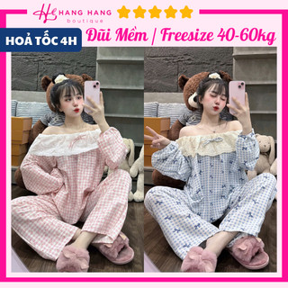 Đồ ngủ nữ 40-60kg, pijama dài tay cổ bèo trắng đũi lạnh mềm mát 60DD07, đồ bộ nữ đồ mặc nhà tiểu thư dễ thương