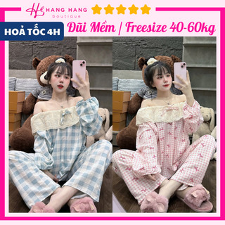 Đồ ngủ nữ 40-60kg, pijama dài tay cổ bèo trắng đũi lạnh mềm mát 60DD07, đồ bộ nữ đồ mặc nhà tiểu thư dễ thương
