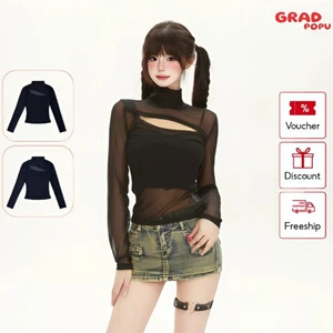 Áo kiểu nữ tay dài GRADPOPU cổ lọ lưới rỗng xuyên thấu gợi cảm khoét ngực phong cách girl phố PTD59