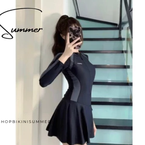 đồ bơi liền thân kín đáo [ Size M L XL] phối dây kéo pha trắng và pha xám áo có sẵn mút ngực váy có chân váy trong