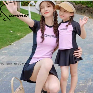 Đồ bơi cặp mẹ và bé áo phối Hồng baby cute kèm chân váy có quần trong