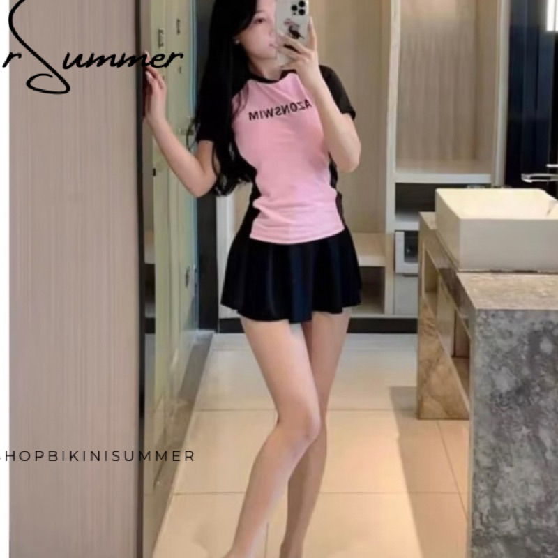 Đồ bơi cặp mẹ và bé áo phối Hồng baby cute kèm chân váy có quần trong