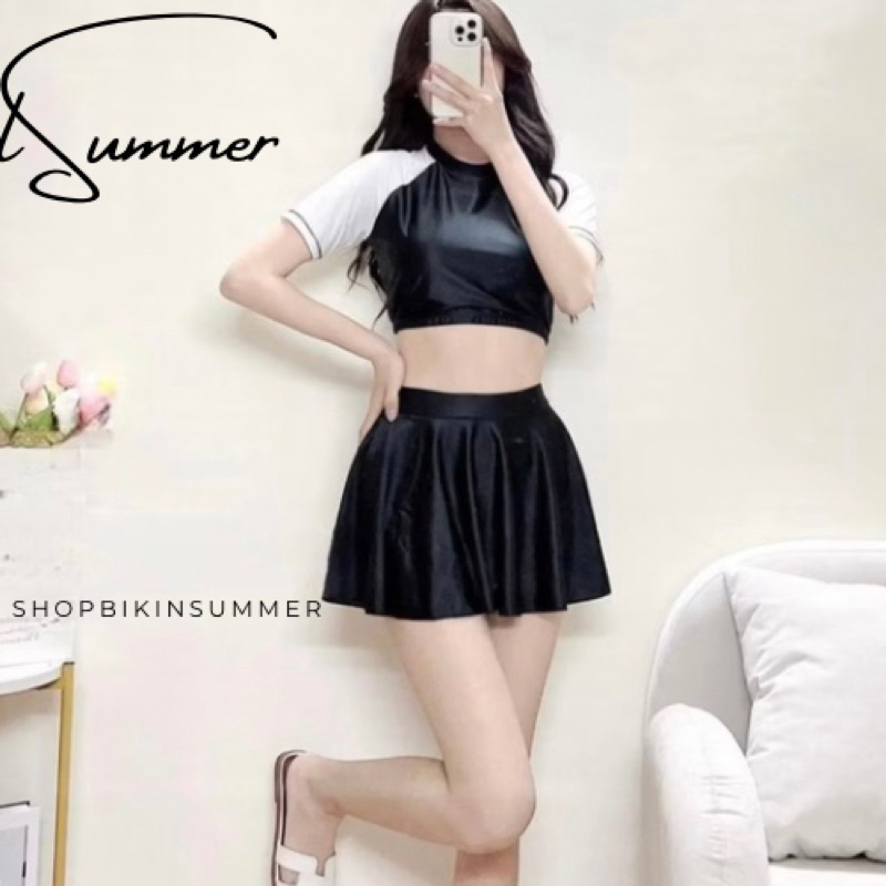 Đồ bơi đi biển 👙[SIZE M L XL] 2 mảnh kính đáo trẻ trung áo croptop có sẵn mút ngực kèm chân váy có quần trong