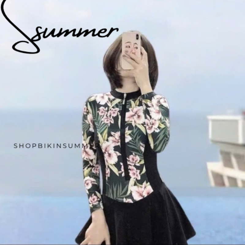 đồ bơi 1 mảnh họa tiết phối dây kéo kín đáo có size M L XL có sẵn mút ngực chân váy có quần bên trong