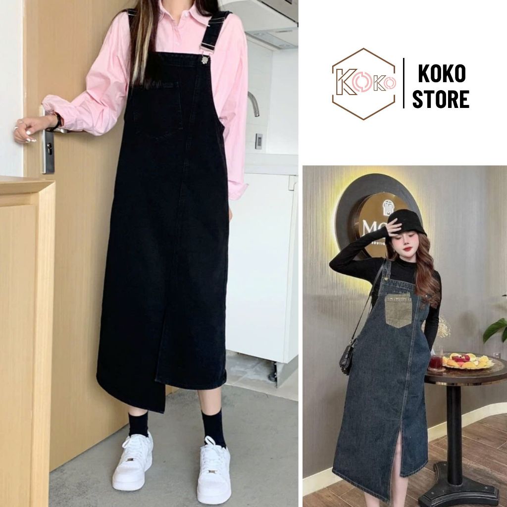 Váy yếm bầu jeans túi trước trẻ trung, Đầm Yếm Jeans Dáng Dài Xẻ Trước Che Khuyết Điểm KoKo Y01