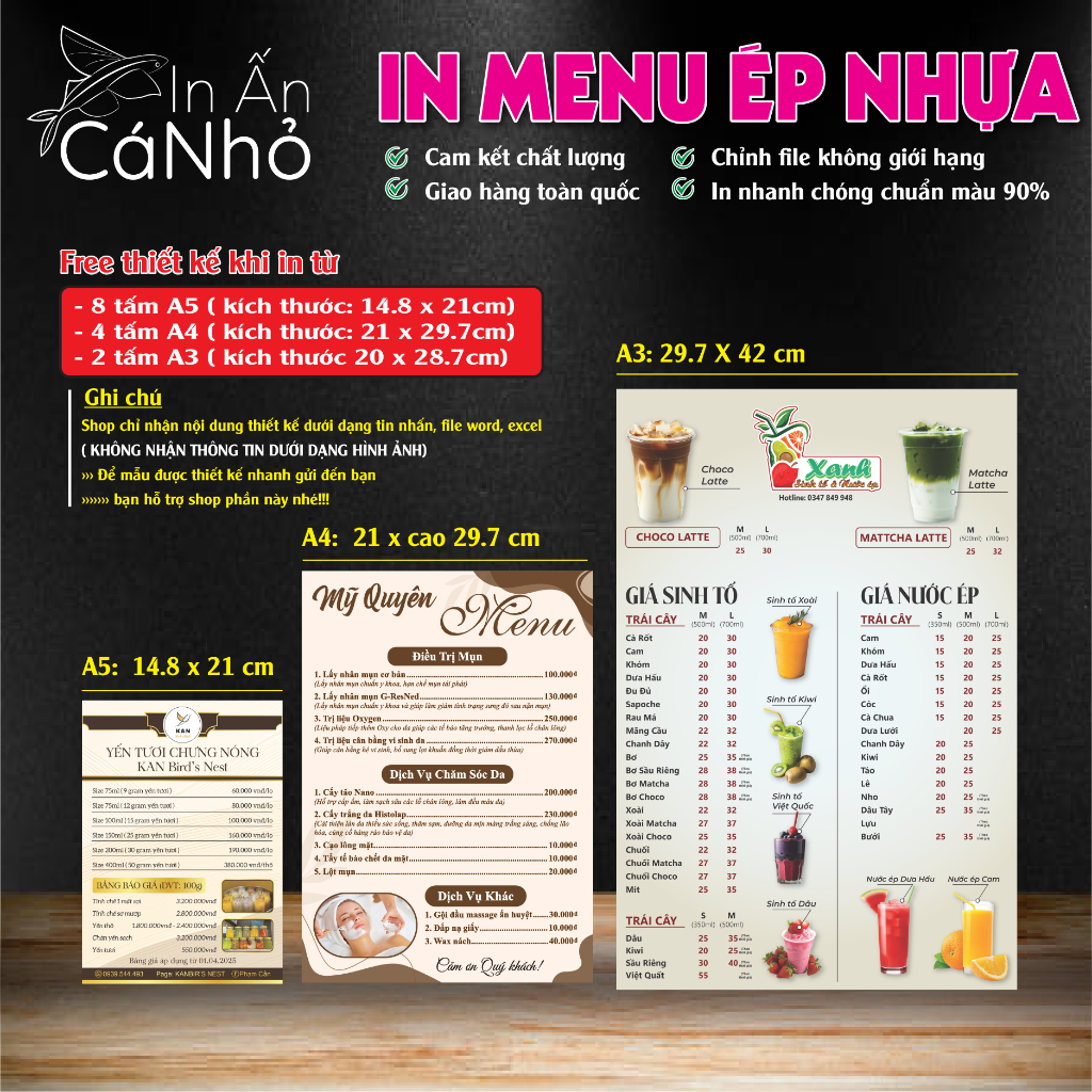In menu theo yêu cầu, in ấn Cá Nhỏ, In ép nhựa, ép plastic khổ A5,A4,A3 ...