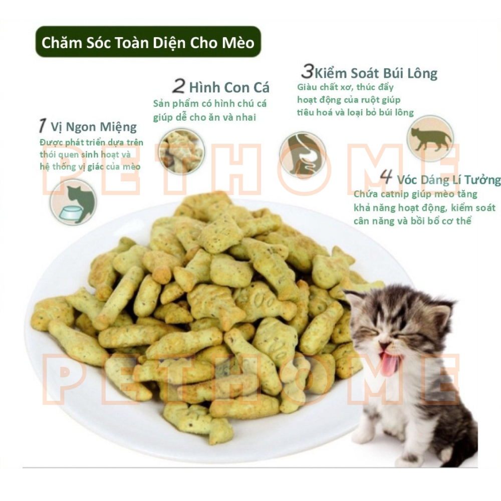 Bánh Thưởng Catnip Biscuits Dạng Bánh Quy Hình Con Cá Giúp Tiêu Búi Lông Cho Mèo gói 40gr