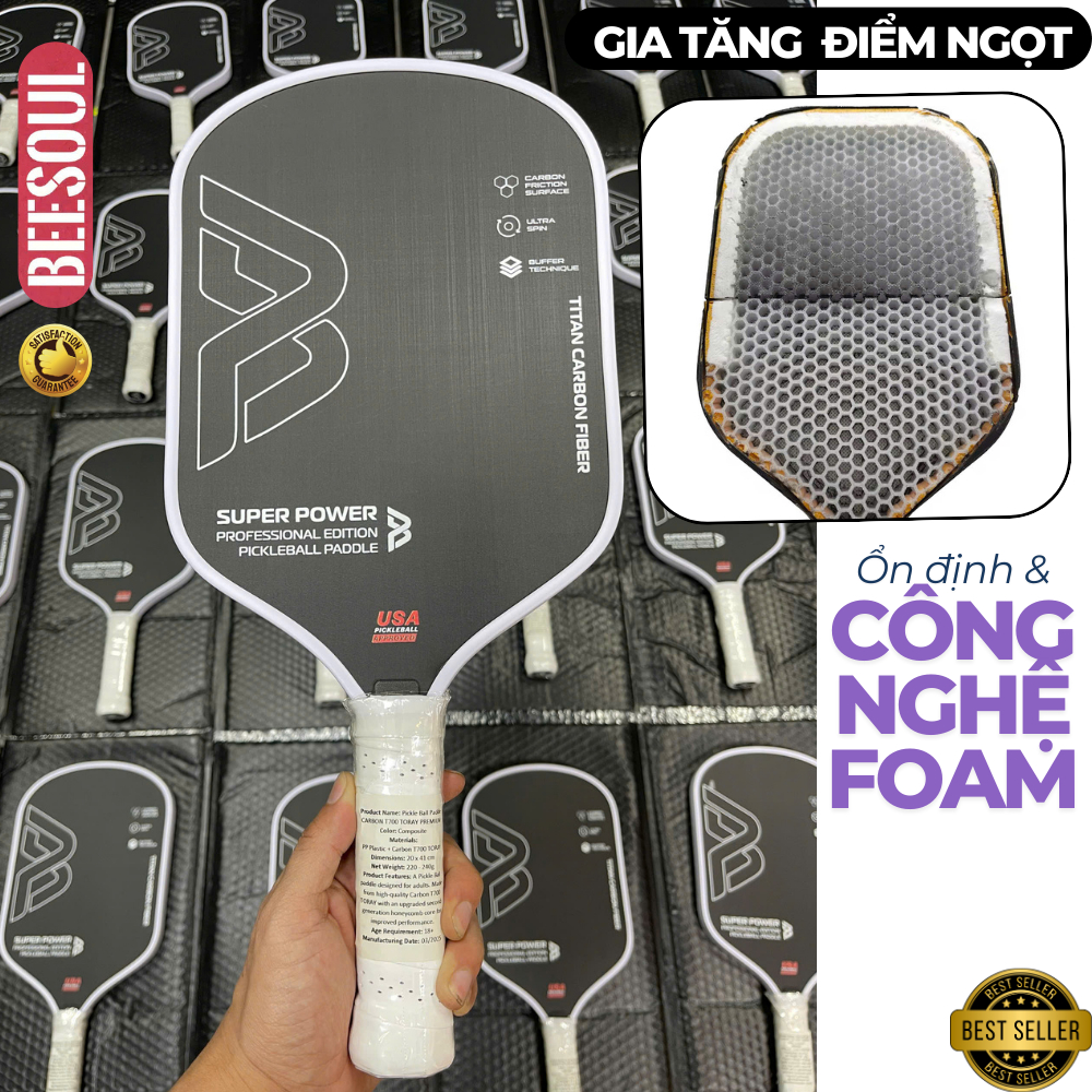 Vợt Pickleball CHÍNH HÃNG Beesoul siêu công 16mm mặt vợt carbon x2Spin công nghệ lõi Foam Gen 3