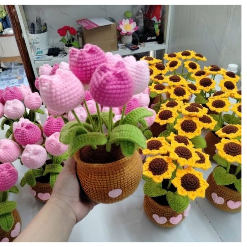 Chậu Hoa Tulip Len , Chậu Hoa Len Handmade