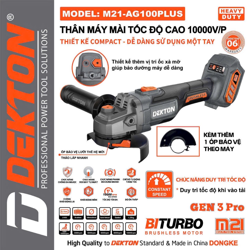( Chống lật cổ tay) Thân Máy mài góc Pin 21V Dekton M21-AG100PLUS Điều tốc 6 cấp độ/Motor Brushless/Chân pin phổ thông