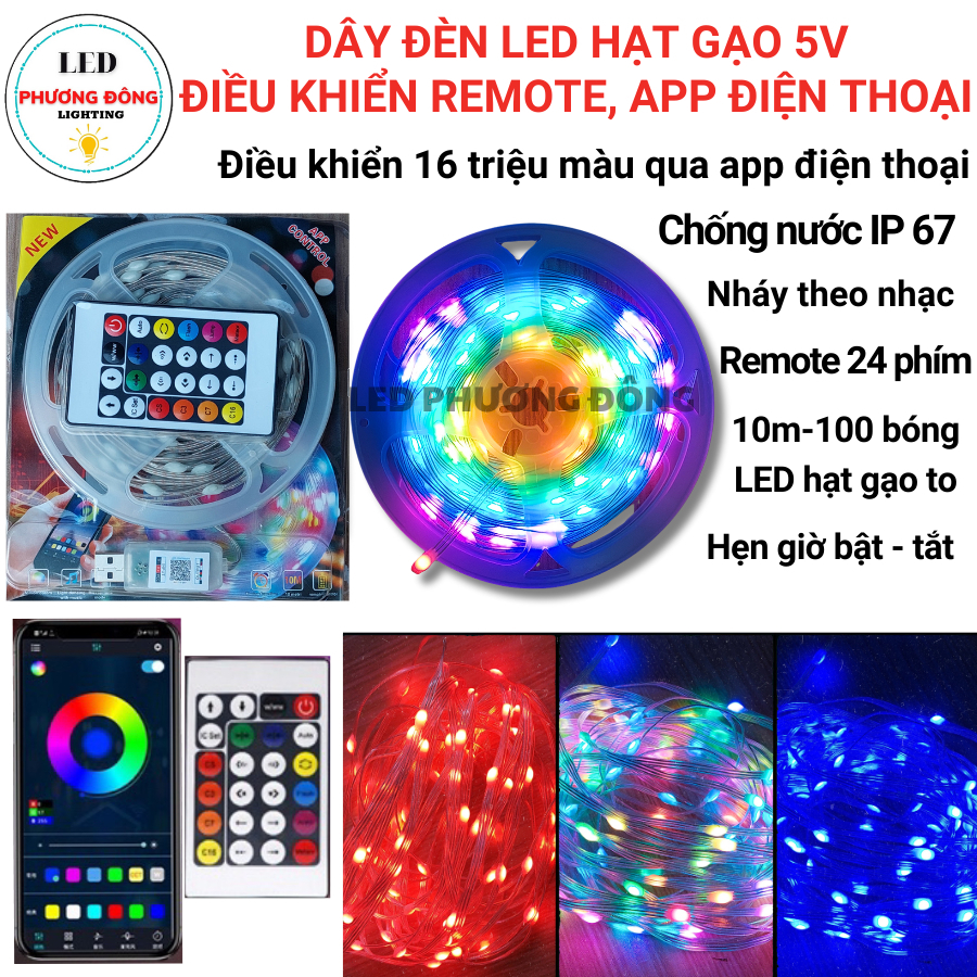 Dây đèn LED Hạt Gạo chạy đuổi RGB 5V /10m - 100 Bóng - Quấn Cây Thông Noel, Trang Trí Ngoài Trời, Cảm Nhạc, Điều khiển A