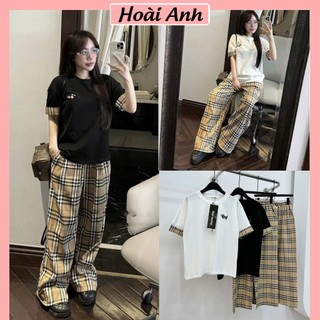 Set Bộ Đồ Nữ Áo Phông Đen Trắng Thêu Cún Phối Gấu Tay Kẻ Nâu Mix Quần Suông Dài Kẻ Caro Nâu Be BBR