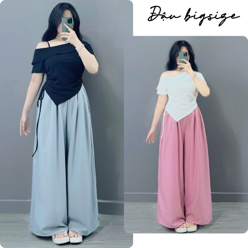 Set đồ bigsize nữ áo thun tay ngắn trễ vai 1 bên tà nhọn kèm quần dài ...