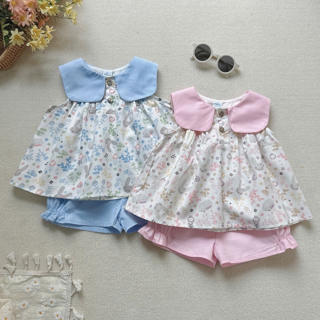 Set bộ cổ vuông hoa nhí dễ thương bé gái, bộ thô mềm mát phối cổ vuông cá tính