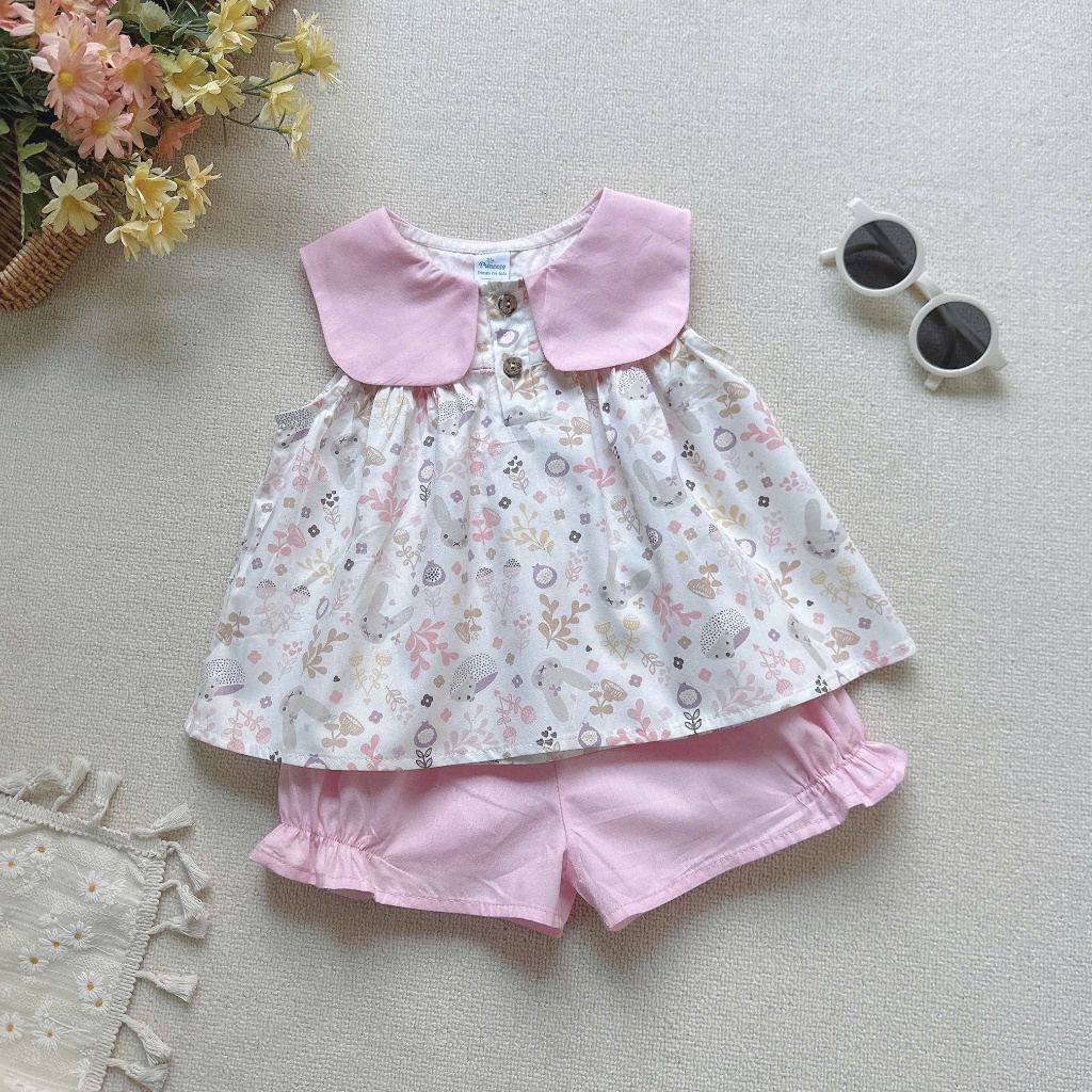Set bộ cổ vuông hoa nhí dễ thương bé gái, bộ thô mềm mát phối cổ vuông cá tính