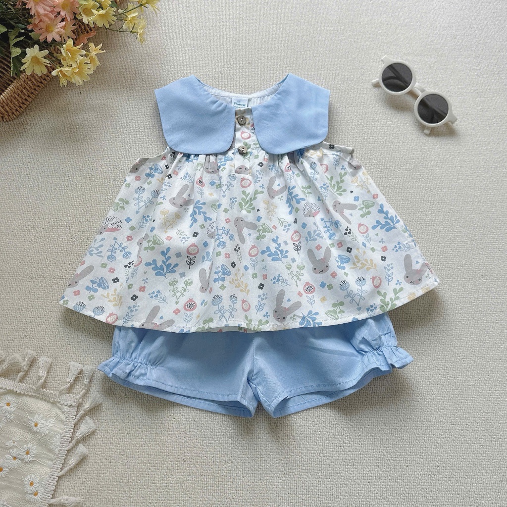 Set bộ cổ vuông hoa nhí dễ thương bé gái, bộ thô mềm mát phối cổ vuông cá tính