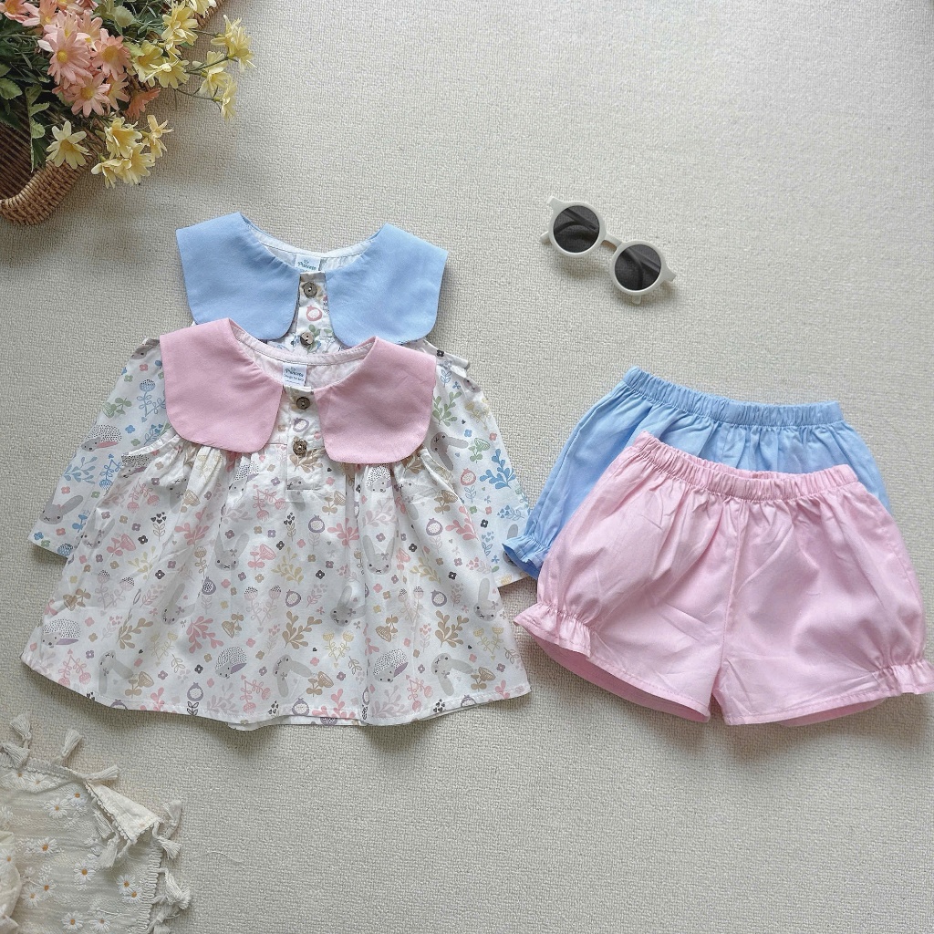 Set bộ cổ vuông hoa nhí dễ thương bé gái, bộ thô mềm mát phối cổ vuông cá tính