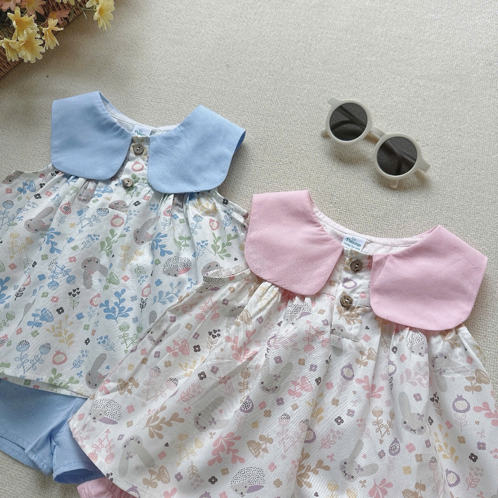 Set bộ cổ vuông hoa nhí dễ thương bé gái, bộ thô mềm mát phối cổ vuông cá tính