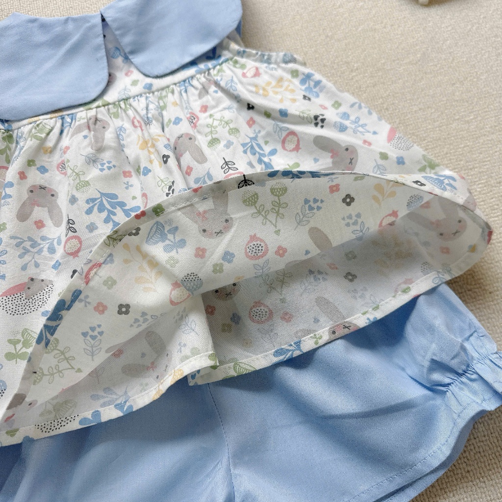 Set bộ cổ vuông hoa nhí dễ thương bé gái, bộ thô mềm mát phối cổ vuông cá tính