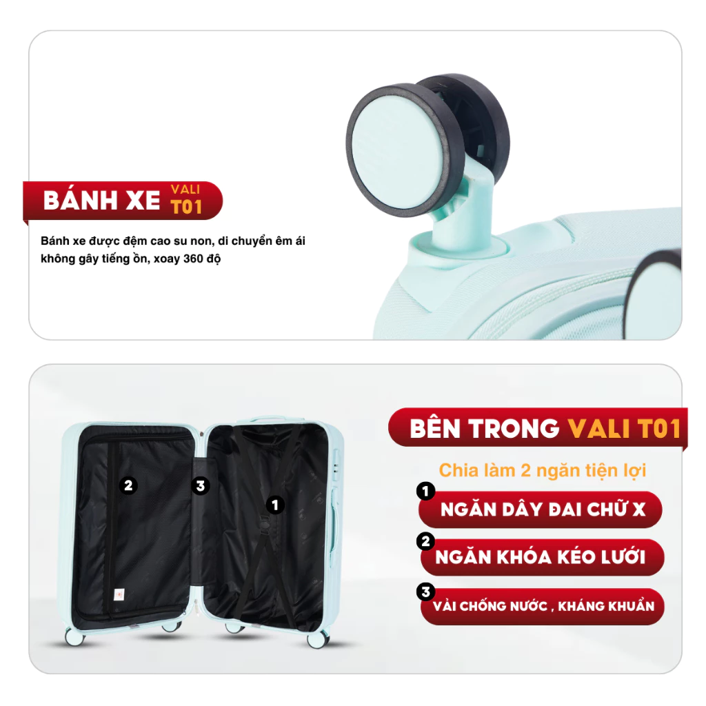 Vali du lịch Kingsun vali kéo Cao Cấp T08/T01/155 Size20/24/28inch Bảo hành 5 năm