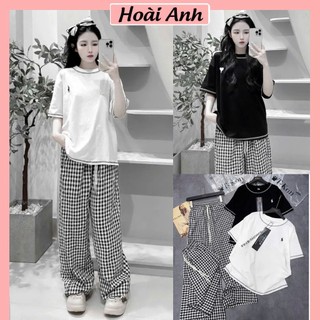 Set Bộ Đồ Nữ Đen Trắng Thêu NGựa Áo Phông Thụng Viền Chỉ Màu Mix Quần Suông Dài Kẻ Caro Ống Rộng