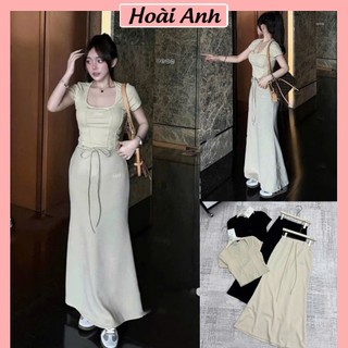 Set Bộ Đồ Nữ Áo Croptop Cổ Vuông Thêu Bad Gân Nổi Ngắn Tay Mix Chân Váy Dáng Dài Freesize