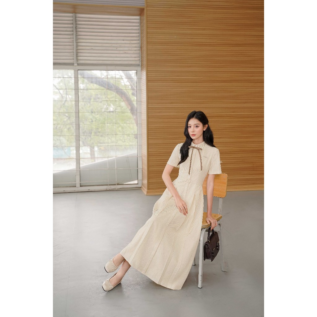 Ảnh Đầm cổ đức xếp ly chụm dài 1S26.2503K, đầm dài váy sơ mi dáng dài thanh lịch công sở thiết kế bởi JM Dress Design 2