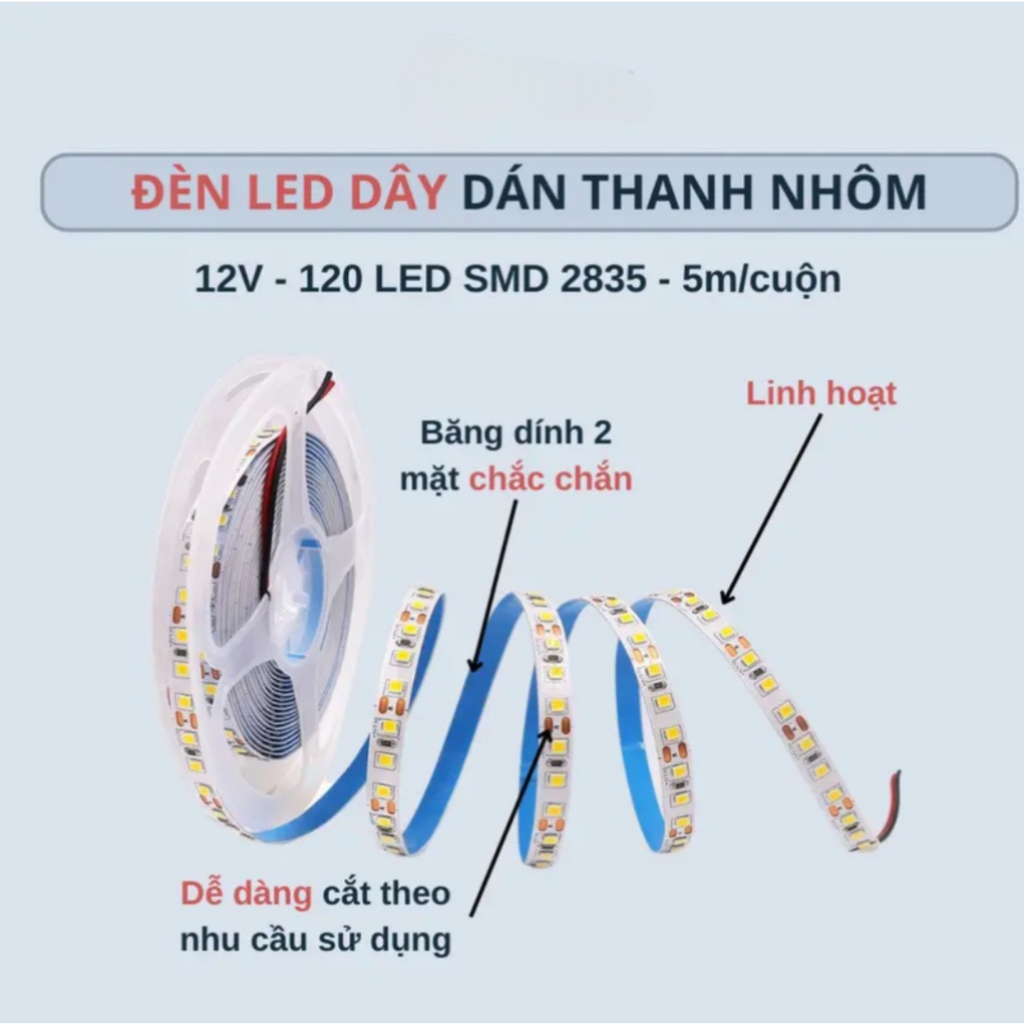 Combo Cuộn Đèn LED dây dán 5m + Nguồn 12V - 5A - Tặng giắc cái và Đômino