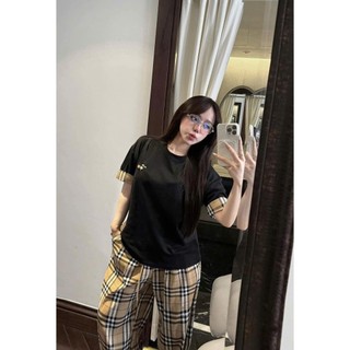 Set Bộ Đồ Nữ Áo Phông Đen Trắng Thêu Cún Phối Gấu Tay Kẻ Nâu Mix Quần Suông Dài Kẻ Caro Nâu Be BBR