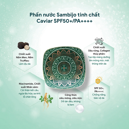 Phấn Nước Trang Điểm SAMBIJO Tinh Chất Caviar tone tự nhiên SPF50+/PA++++ 15g