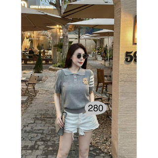 LT - Áo len cổ bẻ polo cộc tay len tổ ong mềm mát hình hoạ tiết gấu thêu sọc tay mã 950