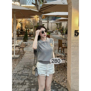 LT - Áo len cổ bẻ polo cộc tay len tổ ong mềm mát hình hoạ tiết gấu thêu sọc tay mã 950